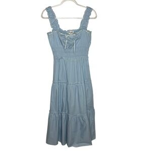 Trixxi Womens Medium Blue Smocked Midi Dress Tiered Cottagecore Baby Doll Ruffle